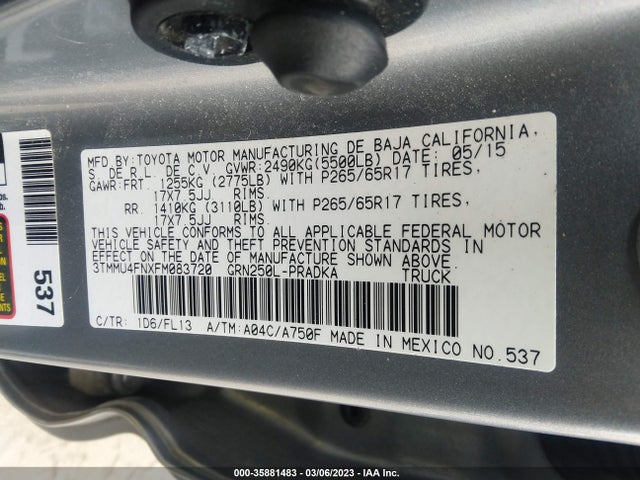 2015 TOYOTA TACOMA VIN: 3TMMU4FNXFM083720