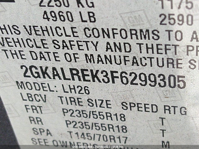 2015 GMC TERRAIN SLE VIN: 2GKALREK3F6299305