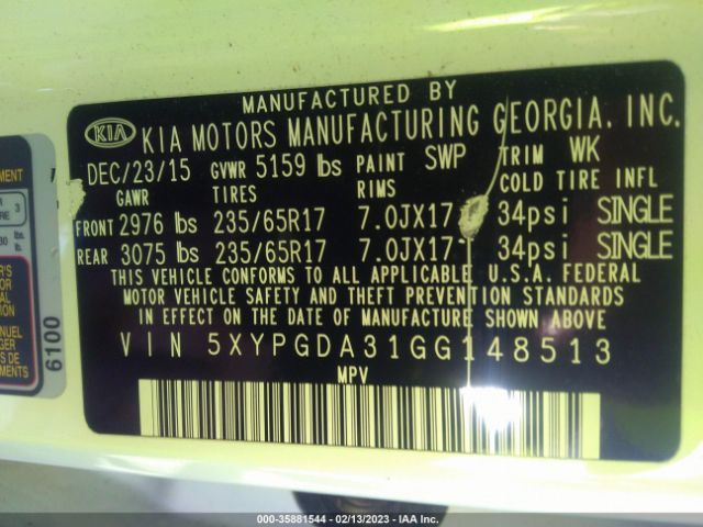 5XYPGDA31GG148513 KIA SORENTO LX