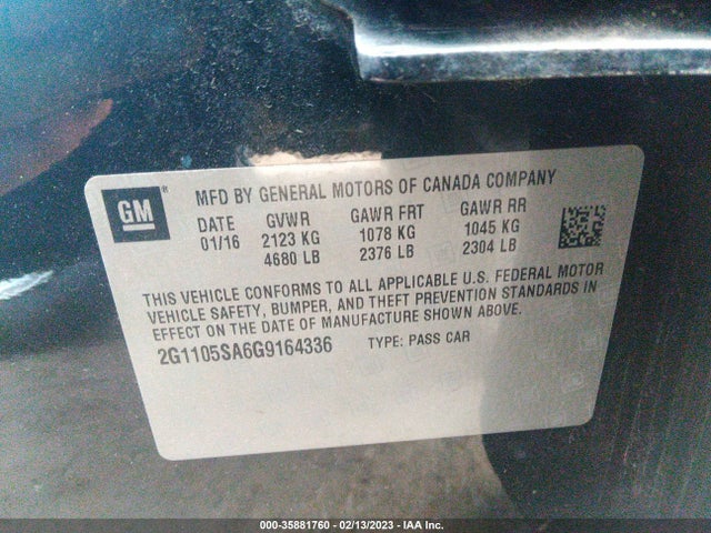 2016 Chevrolet Impala, VIN: 2G1105SA6G9164336