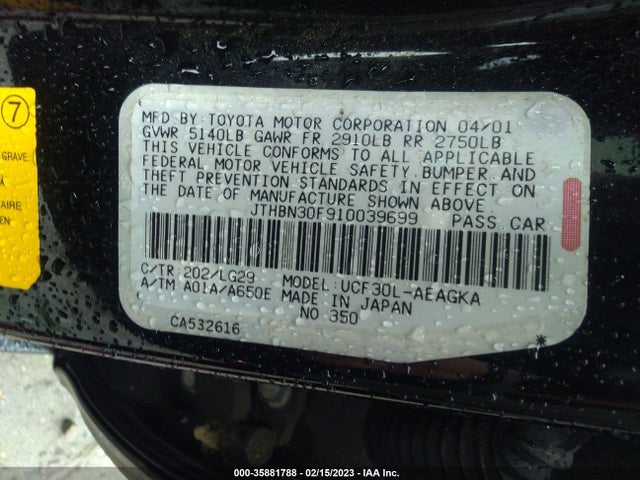2001 LEXUS LS 430 VIN: JTHBN30F910039699
