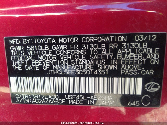 2012 LEXUS LS 460 VIN: JTHCL5EF3C5014351