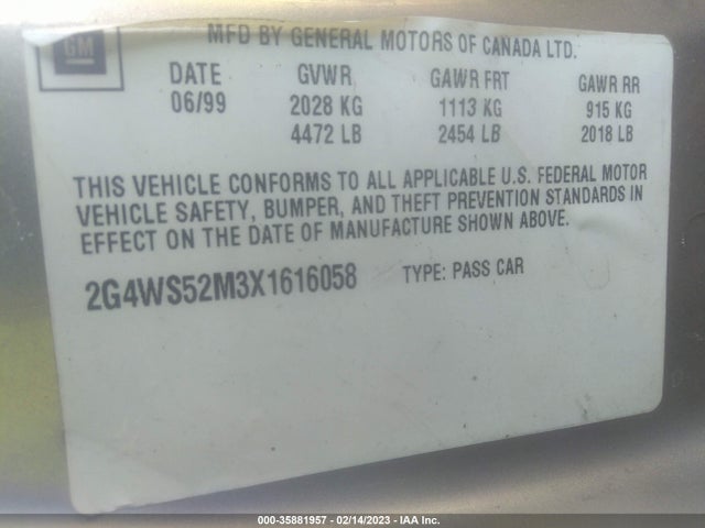 1999 BUICK CENTURY CUSTOM VIN: 2G4WS52M3X1616058