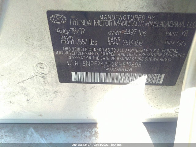 2019 Hyundai Sonata, VIN: 5NPE24AF2KH819608