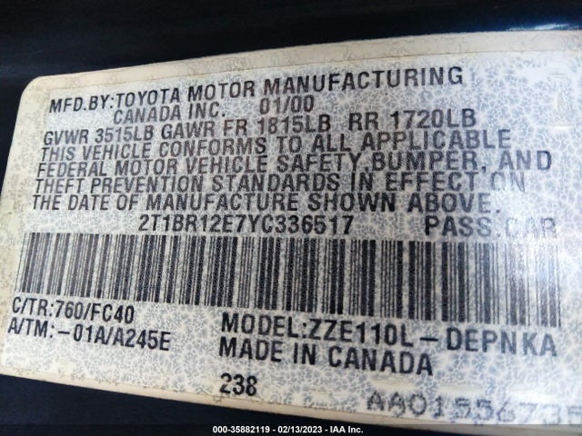 Toyota Corolla Ve/ce/le 2000 2T1BR12E7YC336517 Image 11