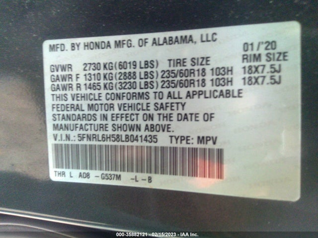 2020 HONDA ODYSSEY EX VIN: 5FNRL6H58LB041435