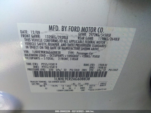 Lincoln MKS 2010 1LNHL9ER2AG608838 Image 9