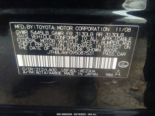 Продажа на аукционе авто 2009 Lexus Ls 460, vin: JTHBL46F095087531, номер лота: 35882248