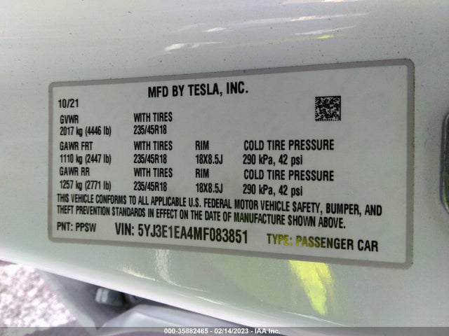Tesla MODEL 3 2021 5YJ3E1EA4MF083851 Image 11