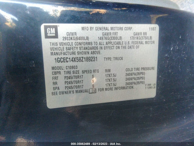 2008 CHEVROLET SILVERADO 1500 WORK TRUCK VIN: 1GCEC14X58Z189231