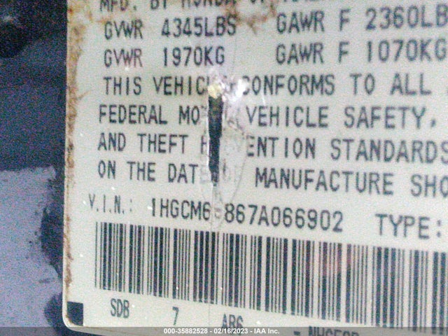 2007 HONDA ACCORD SDN EX-L VIN: 1HGCM66867A066902