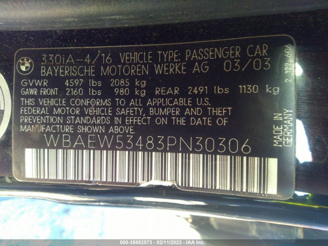 2003 BMW 3 SERIES 330XI VIN: WBAEW53483PN30306