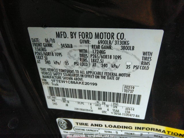 2010 FORD F-150 XL/XLT/FX2 SPORT VIN: 1FTEW1C88AKE20199
