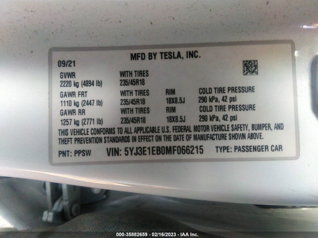 Tesla Model 3 Long Range 2021 5YJ3E1EB0MF066215 Image 11