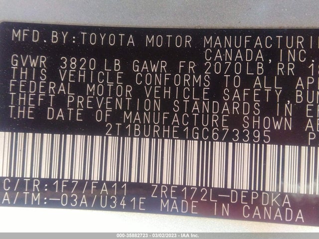 2016 TOYOTA COROLLA L/LE/S/S PLUS/LE PLUS VIN: 2T1BURHE1GC673395