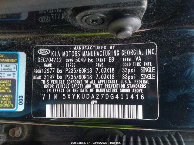 2013 KIA SORENTO EX VIN: 5XYKUDA27DG411416