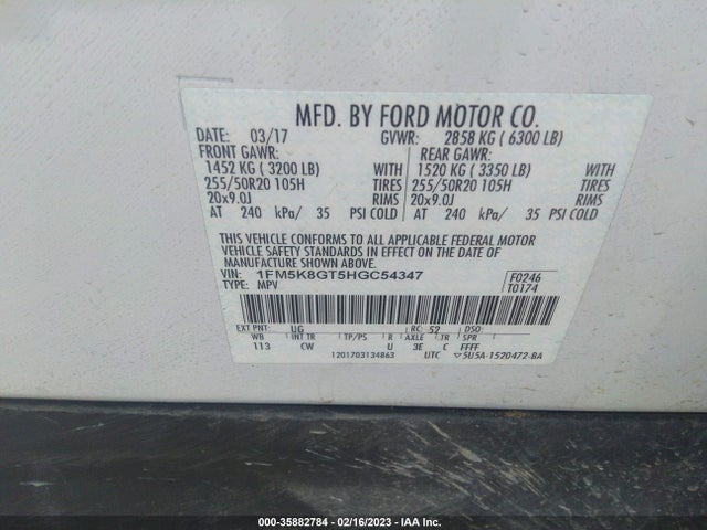 2017 FORD EXPLORER SPORT VIN: 1FM5K8GT5HGC54347