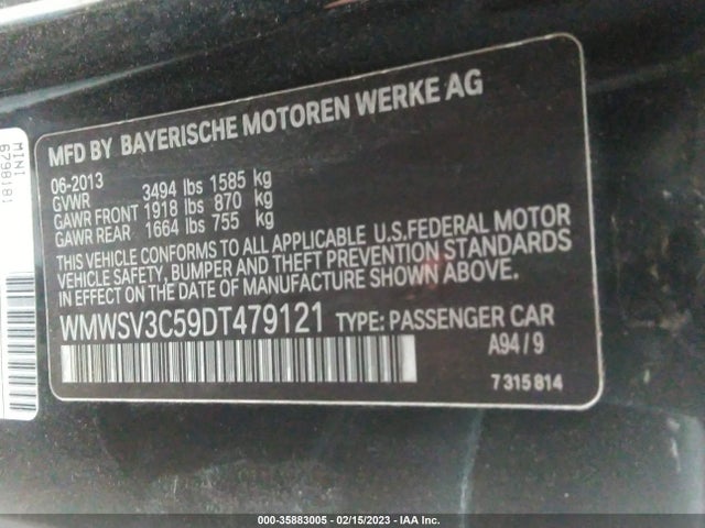 2013 MINI COOPER HARDTOP S VIN: WMWSV3C59DT479121