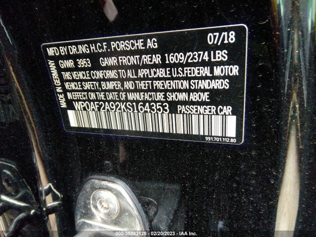 2019 Porsche 911, VIN: WP0AF2A92KS164353