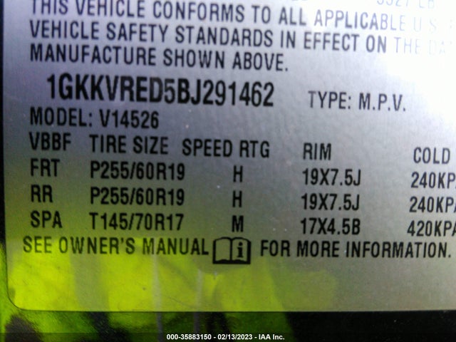 2011 GMC ACADIA SLT1 VIN: 1GKKVRED5BJ291462
