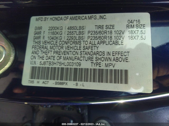5J8TB3H75HL003109 Acura Rdx W/advance Pkg
