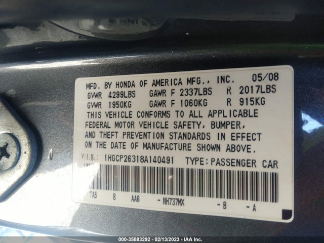 2008 HONDA ACCORD SDN LX VIN: 1HGCP26318A140491