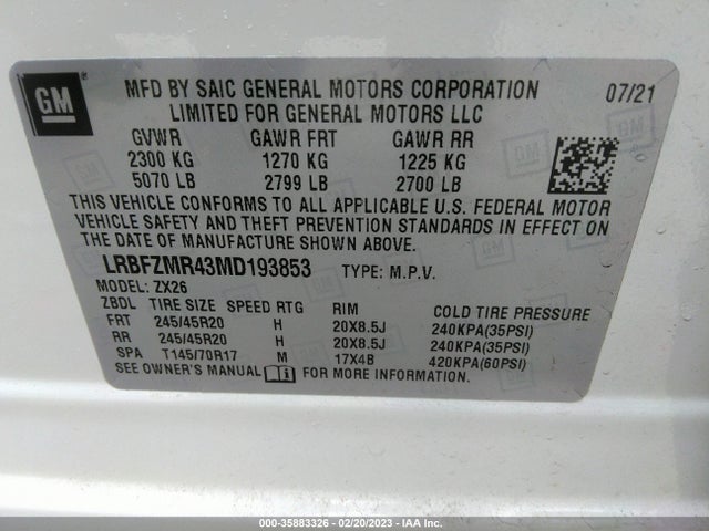 2021 BUICK ENVISION PREFERRED VIN: LRBFZMR43MD193853