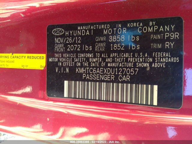 2013 HYUNDAI VELOSTER TURBO W/BLACK INT VIN: KMHTC6AEXDU127057