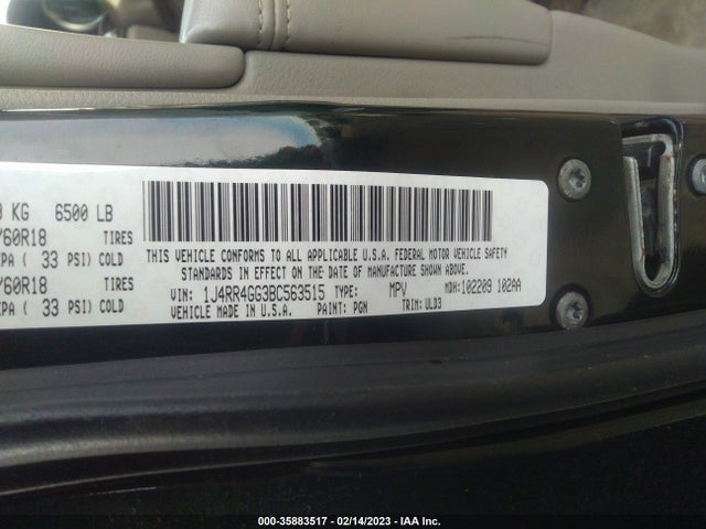 2011 JEEP GRAND CHEROKEE LAREDO VIN: 1J4RR4GG3BC563515