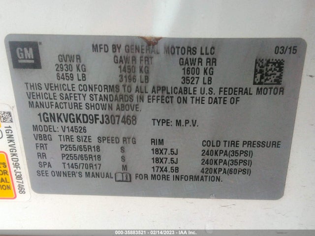 Chevrolet Traverse Lt 2015 1GNKVGKD9FJ307468 Image 9