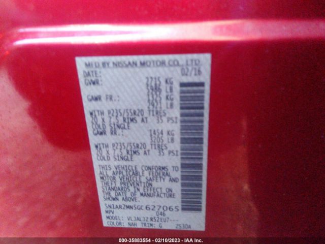 5N1AR2MN5GC627065 Nissan Pathfinder Platinum