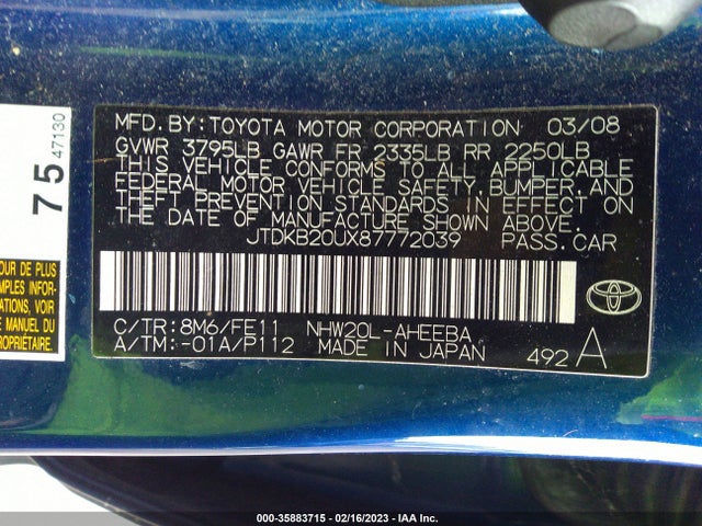 2008 TOYOTA PRIUS VIN: JTDKB20UX87772039