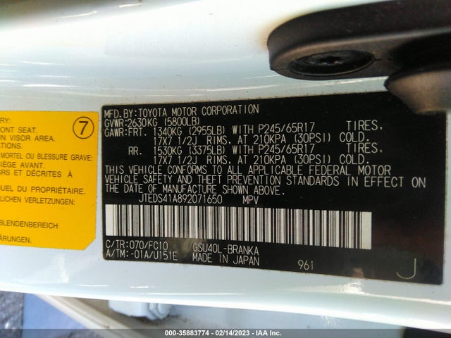 2009 TOYOTA HIGHLANDER BASE VIN: JTEDS41A892071650