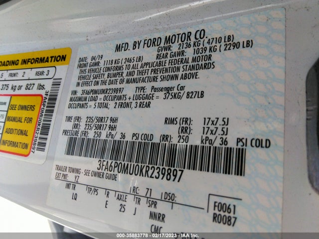 Ford Fusion Hybrid Sel 2019 3FA6P0MU0KR239897 Image 11