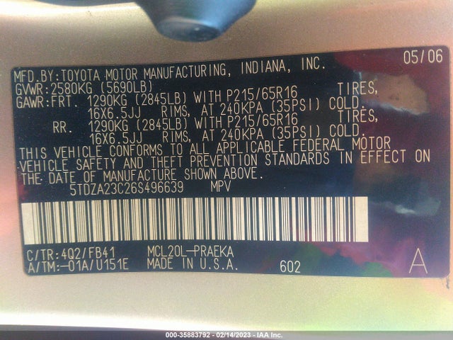 Toyota Sienna Ce/le 2006 5TDZA23C26S496639 Image 10
