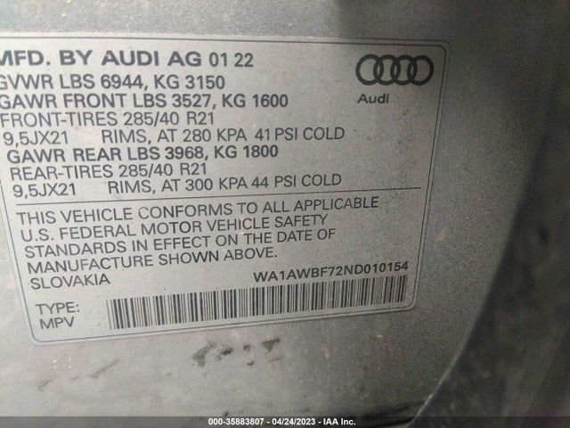 2022 Audi SQ7, VIN: WA1AWBF72ND010154