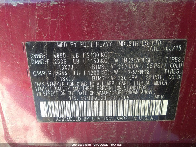 4S4BSAJC3F3312205 Subaru Outback 2.5i Limited