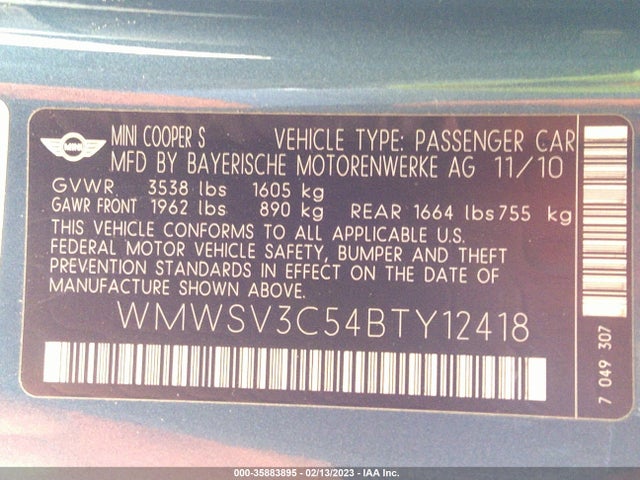 WMWSV3C54BTY12418 Mini COOPER HARDTOP