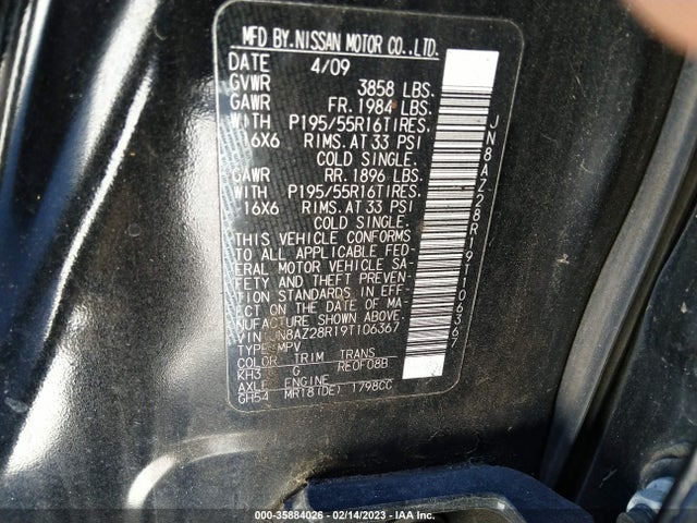 2009 NISSAN CUBE 1.8 SL VIN: JN8AZ28R19T106367
