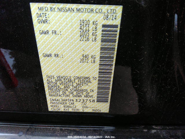 2015 NISSAN ALTIMA 2.5 S VIN: 1N4AL3AP3FN323758