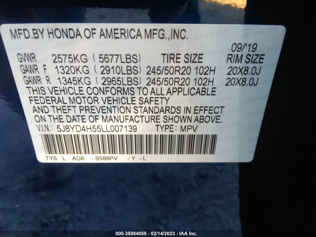2020 Acura MDX, VIN: 5J8YD4H55LL007139