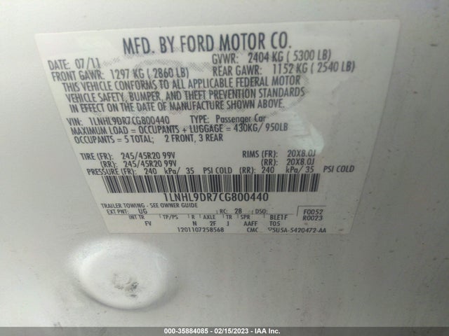 Lincoln MKS 2012 1LNHL9DR7CG800440 Image 9