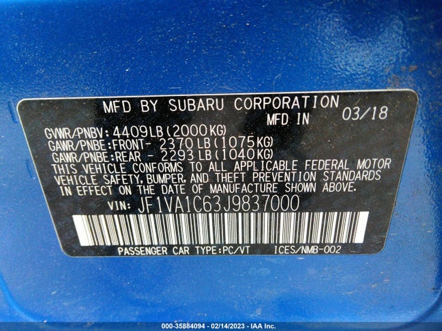 2018 Subaru WRX, VIN: JF1VA1C63J9837000