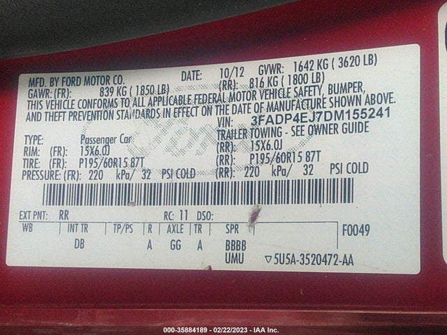 2013 FORD FIESTA SE VIN: 3FADP4EJ7DM155241