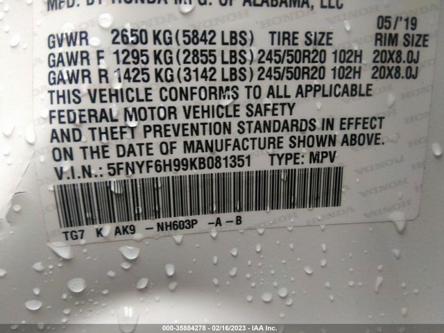Honda Pilot Touring 8-passenger 2019 5FNYF6H99KB081351 Image 10