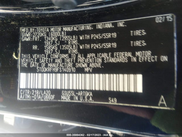 2015 TOYOTA HIGHLANDER LIMITED VIN: 5TDDKRFH9FS140910