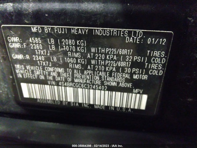 2012 SUBARU OUTBACK 2.5I PREM VIN: 4S4BRCGC6C3245402