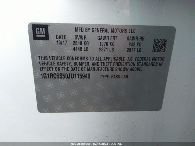 2018 Chevrolet Volt, VIN: 1G1RC6S50JU115940