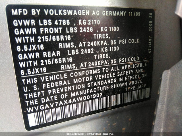 2010 VOLKSWAGEN TIGUAN S VIN: WVGAV7AX4AW001902
