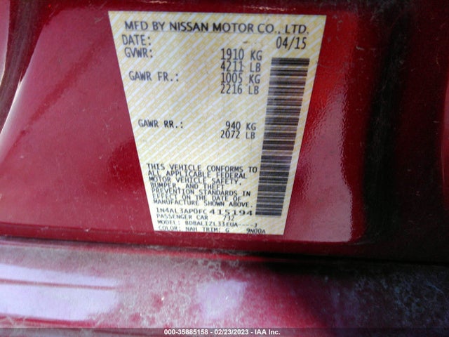 2015 NISSAN ALTIMA 2.5 SV VIN: 1N4AL3AP0FC415194